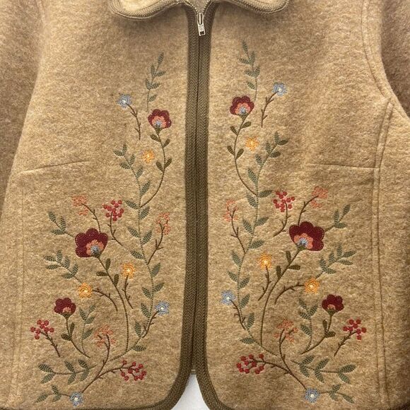 Wool Liz Claiborne western country brown Blazer cozy Jacket zip  flower ‎ L. - Picture 2 of 12